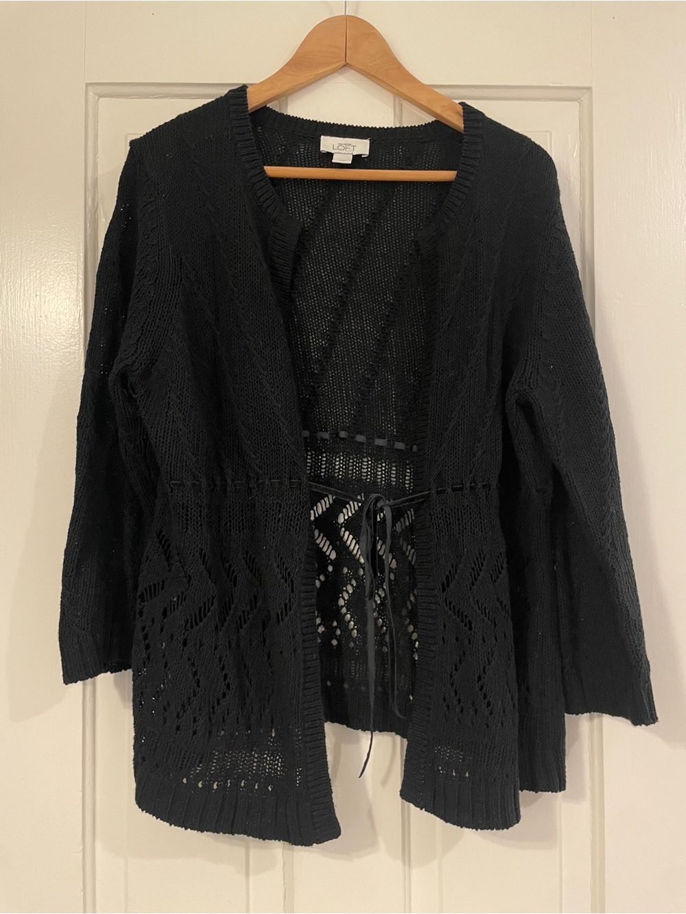 LOFT Black Openwork Tie-Front Cardigan